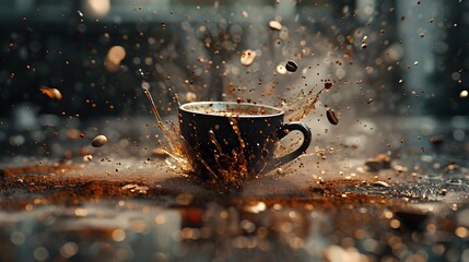An explosive moment captured as coffee splashes dramatically from a cup, highlighted by backlighting.
 - obrazy, fototapety, plakaty