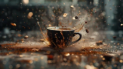Foto op Plexiglas An explosive moment captured as coffee splashes dramatically from a cup, highlighted by backlighting.  © Butsarakham