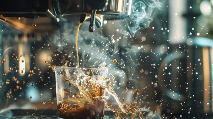 Hot espresso pours into a clear glass, causing lively splashes against a dark backdrop, highlighting the energy of coffee.
