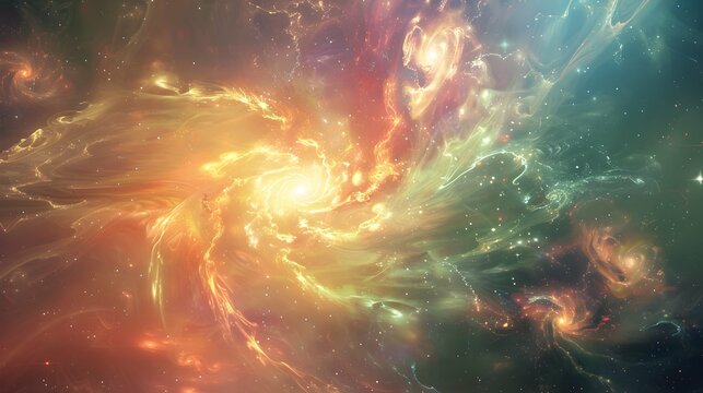 A dynamic scene depicting a galactic whirl of fiery nebulae, swirling in a dance of cosmic energy.
