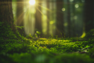 Beautiful green mossy forest with strong sunlight in the fog. Cozy relaxing atmosphere.