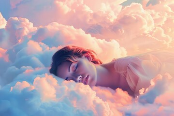 Serene woman peacefully sleeping on fluffy white cloud in dreamlike sky, surreal digital art - obrazy, fototapety, plakaty