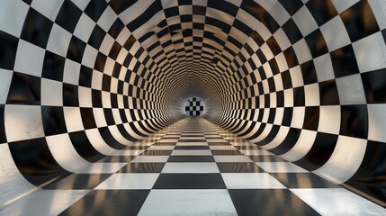 Naklejka premium A tunnel with a checkered floor and black walls, AI