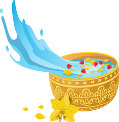 Thailand traditional Song Kran festival golden bowl with water splashing, decoration element, no background, vector design  