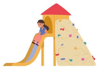 Little Child Girl Character Gleefully Slides Down The Colorful Playground Slide, Laughter Trailing Behind