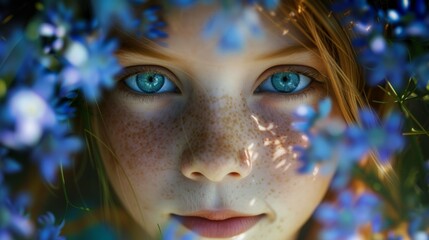 A close up of a girl with blue eyes and freckles, AI