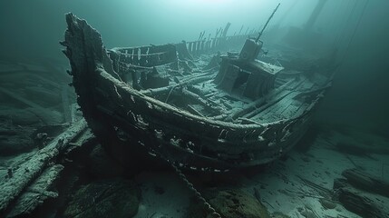 Sunken beneath the waves, the eerie remains of a medieval shipwreck lay silent, a haunting glim - obrazy, fototapety, plakaty