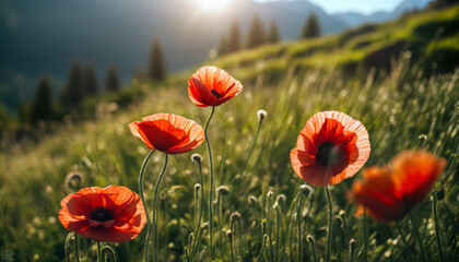 Red poppy. Poppy blossom. Mountain landscape with blooming red poppy. Selective focus. AI generated