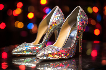 A close-up shot of a pair of sparkling silver stilettos reflecting colorful lights.