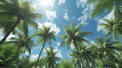 Fototapeta premium A group of palm trees are seen in the sky, AI