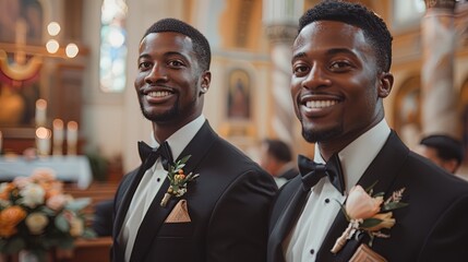 Momentous occasion as two groomsmen step out of the altar, symbolizing friendship and support f - obrazy, fototapety, plakaty