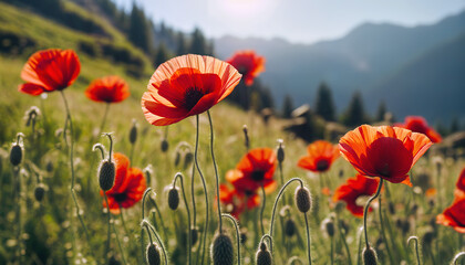 Fototapeta premium Red poppy. Poppy flowering. Mountain landscape with blooming red poppy. Panoramic view of flowering mountain meadows. Selective focus. AI generated