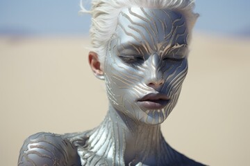 Timeless Silver makeup woman desert. Paint fashion. Generate Ai