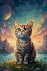 Whimsical Feline Fantasy: Majestic Cat Gazing at a Twilight Sky Adorned with Celestial Wonders