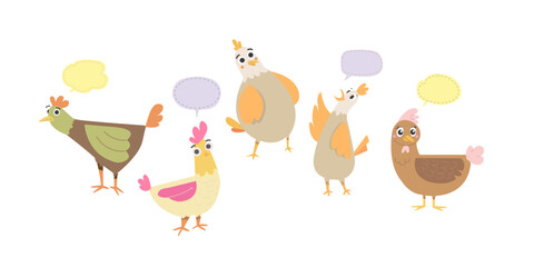 chicken cartoon with speech bubble, colorful rooster, happy colorful chickens set.