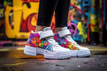 A close-up shot of a pair of white platform sneakers with chunky soles and colorful graffiti...