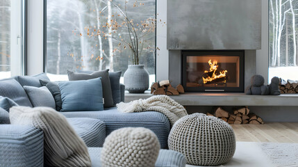 Grey sofa with blue pillows next to the fireplace and beige knit pouffes in between. a warm and inviting winter setting. Scandinavian interior design for a contemporary living room - obrazy, fototapety, plakaty