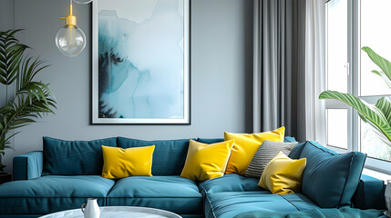 Grey wall with art poster and blue corner sofa with yellow pillows facing the window. Modern living...