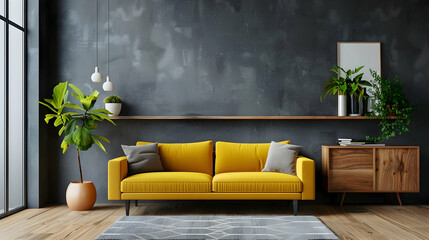 Grey wall with wooden cabinet and yellow sofa. Modern living room interior design by Scandinavian, bohemian designers
