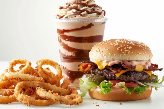 Delicious bacon cheeseburger with curly fries and a layered chocolate dessert drink