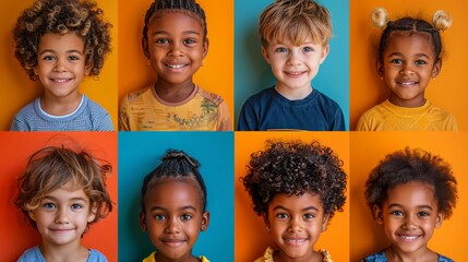 Composite portrait of smiling little schoolchildren of different races and geographical countries of the world on a colorful flat background