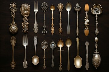 Ornate Vintage silver antique spoon cutlery. Silver plated teaspoon eating ornamental items....