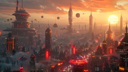 Amidst the gleaming skyscrapers of the cyberpunk world, space farms float in orbit, providing sus - obrazy, fototapety, plakaty