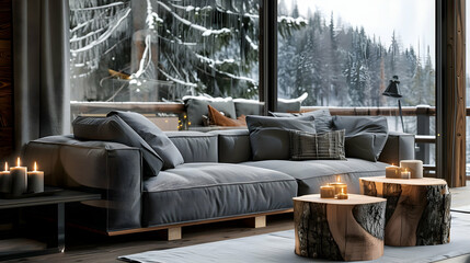 Grey-upholstered sofa and coffee table made from tree stumps with candles placed against a window overlooking a forest. Modern living room in a chalet with interior design influenced by Scandinavia - obrazy, fototapety, plakaty