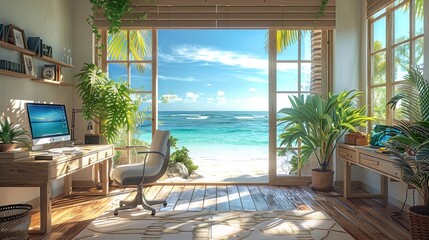 Amidst the comforts of home, the office space offers an inspiring vista of the beach, where the m
