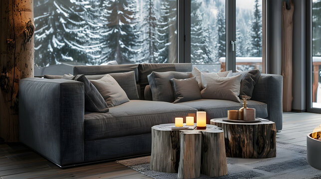 Grey-upholstered sofa and coffee table made from tree stumps with candles placed against a window overlooking a forest. Modern living room in a chalet with interior design influenced by Scandinavia