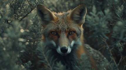 Fototapeta premium A close up of a fox in the woods with leaves, AI
