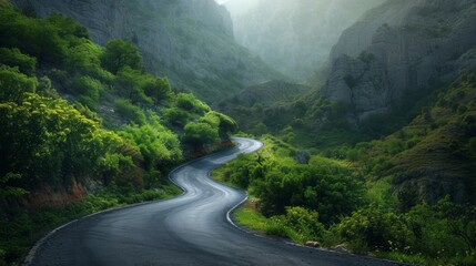 Fototapeta premium A winding road in the mountains with a green forest on either side, AI