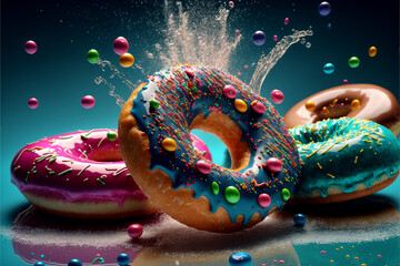 Commercial illustration, a delicious donut in the center of the poster, levitation of an unusual dessert, and unusual color. It looks very unusual.