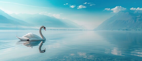 Swans in Serenity: Graceful Dance on a Mountain Mirrored Lake - Generative AI