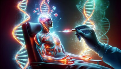 A patient undergoing gene editing therapy, strands of DNA being modified