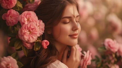 Fototapeta premium A woman with her eyes closed and flowers in front of her, AI