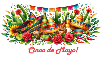 Cinco de Mayo hoilday banner or greeting card with traditional Mexican elements - sombreros, tacos, tamales and guacamole with with tequila and catuses. Cinco de Mayo - 5th May - obrazy, fototapety, plakaty