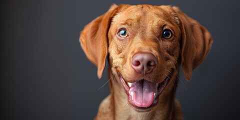 Cute playful doggy or pet is playing and looking happy isolated on transparent background. Brown weimaraner young dog is posing.