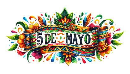 Cinco de Mayo hoilday lettering on festive ribbon, isolated on transparent white background. 5 de Mayo or the fifth of May. Celebration Mexican victory at 1862 May, 5th and history heiretage - obrazy, fototapety, plakaty