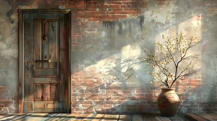 interior background of a room featuring a door, a brick wall, and a vase with a branch