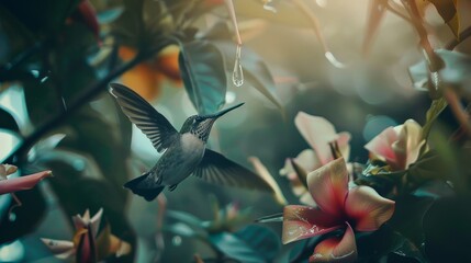 a hummingbird flying next to a flower - obrazy, fototapety, plakaty