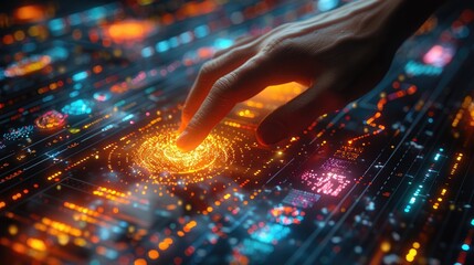 Close-up of a hand touching a futuristic digital control panel with glowing circuits and data visualization.