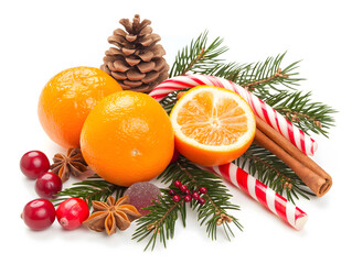 Obraz na płótnie Canvas Festive Composition with Oranges, Candy Canes, and Christmas Decorations