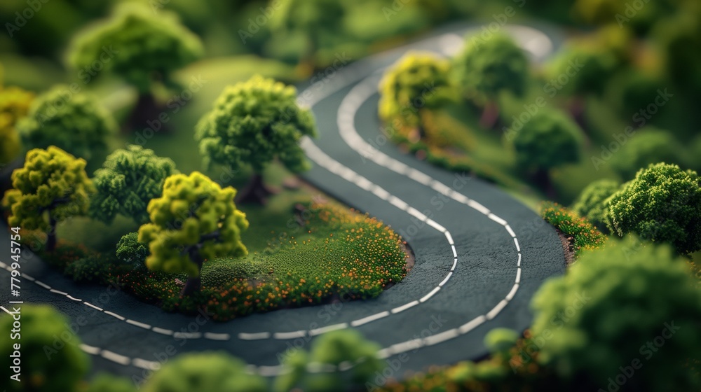 Sticker A tilt and shift miniature model of a winding road with trees and flowers, AI