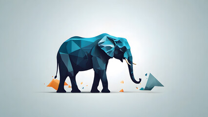 A tusker elephant in a unique polygon style. The elephant stands majestically against a soothing light blue backdrop, minimalist and copy space.