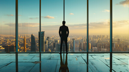 A man in a suit gazes out the window at skyscrapers in a bustling city - obrazy, fototapety, plakaty
