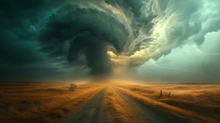 Fotobehang A road leading to a field with storm clouds in the distance, AI © starush
