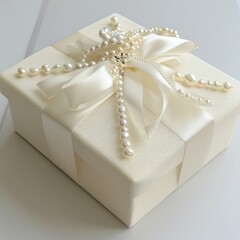 A bridal gift box in soft ivory embellished with pearls and a white satin bow