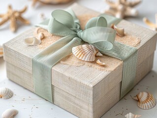 A seaside escape gift box with sandy textures and seashell decorations - obrazy, fototapety, plakaty