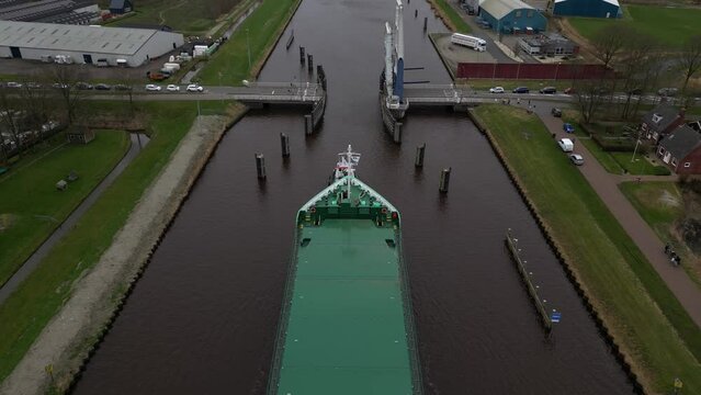 Aerial video of cargo ships in Appingedam Netherlands